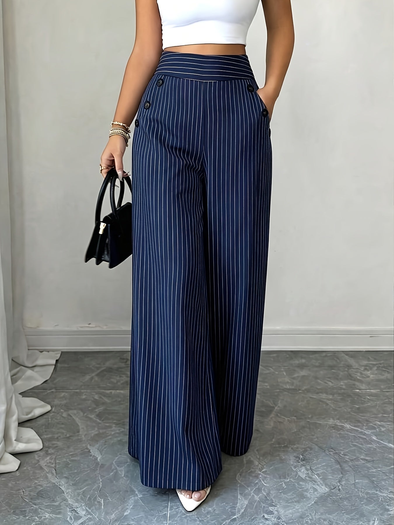 Damen Weitbeinige High-Waist Maritim-Hose mit Streifen und Knopfdetails – Eleganter Büro- und Freizeit-Look