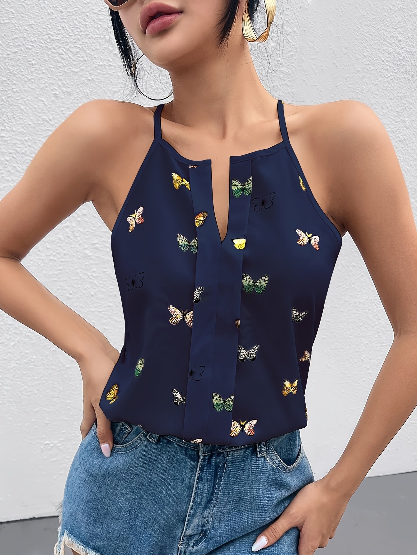 Damen Elegantes Sommertop mit Schmetterlingsprint und Spaghettiträgern – Lässig & Modisch