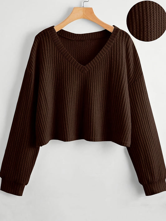 Damen Crop Pullover V-Ausschnitt Langarm Waffelstruktur Schwarz