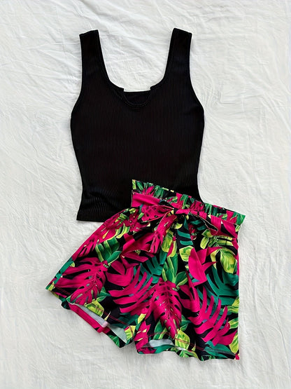 Damen Sommer-Set mit Top und tropischen Paperbag-Shorts – Modisches Urlaubsoutfit