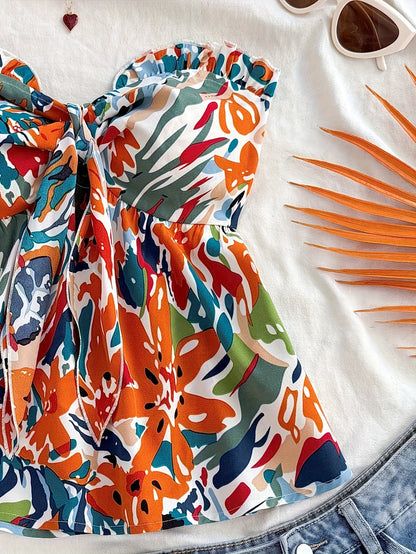 Damen Bandeau Crop Top mit Knotendetail und Blumenmuster – Sommerliches Freizeit- und Strand-Outfit