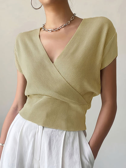 Damen Wickelshirt mit V-Ausschnitt – Eleganter Sommer Pullover Kurzarm für Freizeit & Büro