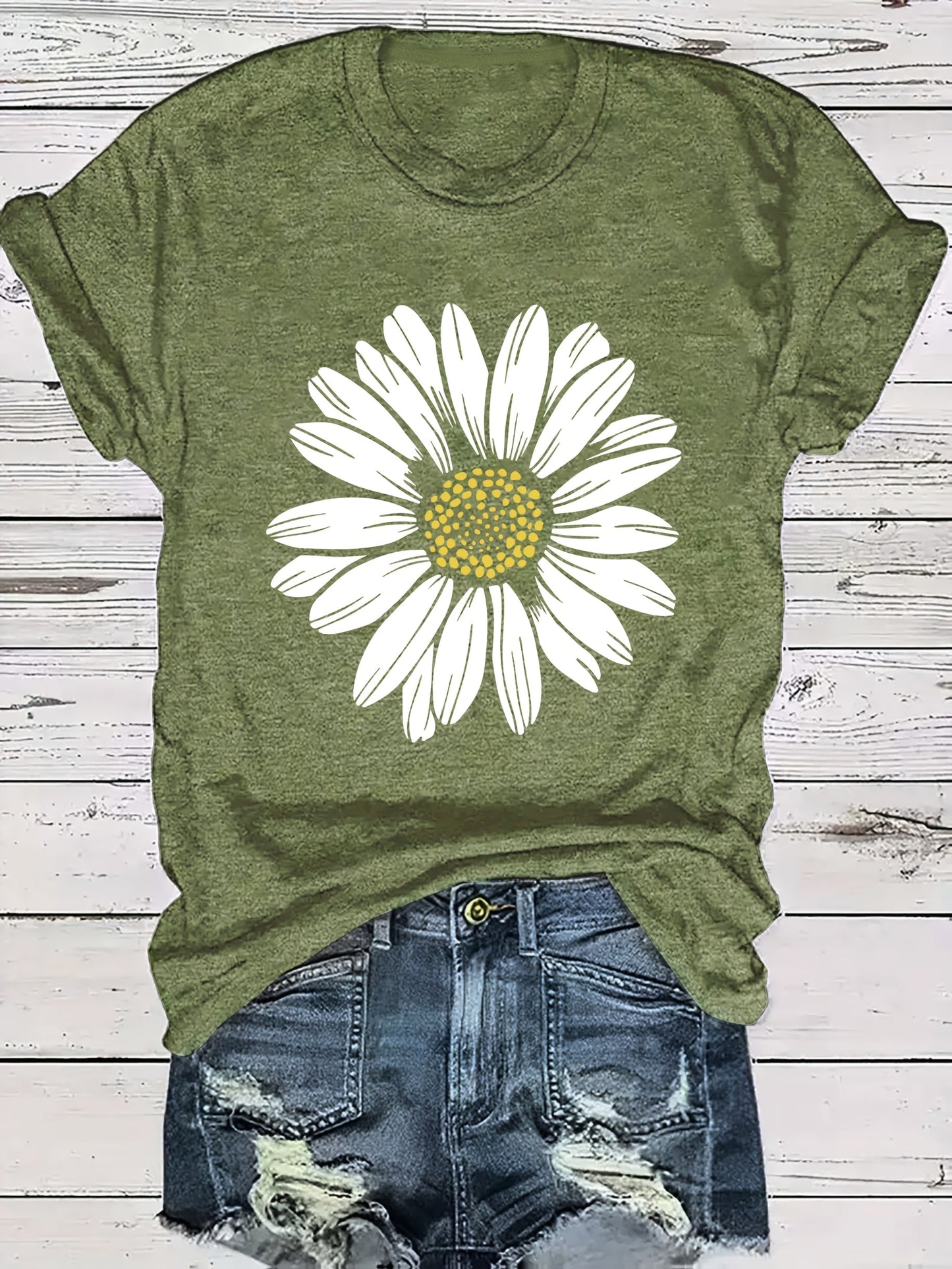 Damen T-Shirt mit Gänseblümchen-Print – Lässiges Sommer Oberteil im Boho-Stil