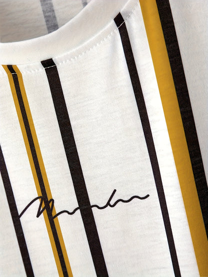 Herren T-Shirt mit vertikalem Streifenmuster und modernem Grafik-Print – Trendiges Freizeitshirt für Alltag und Ausgehen