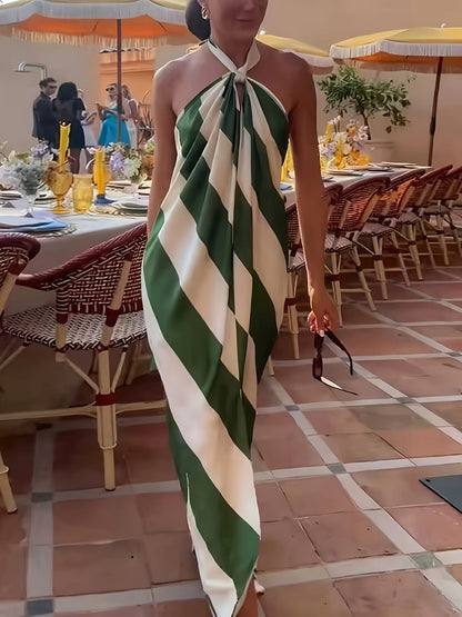 Damen Maxikleid mit Neckholder und Streifenmuster – Elegantes Sommerkleid für Feste und Gartenpartys
