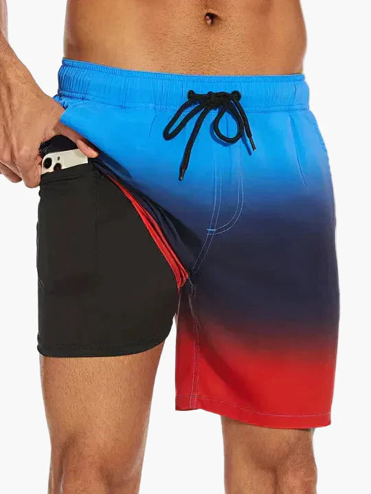 Herren Badeshorts mit Kompressions-Innenshorts – Moderne, schnell trocknende Swimshorts mit tropischem Muster für Strand & Sport