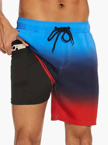 Herren Badeshorts mit Kompressions-Innenshorts – Moderne, schnell trocknende Swimshorts mit tropischem Muster für Strand & Sport
