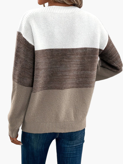 Damen Strickpullover im Colorblock-Design – Eleganter Freizeitpullover für Herbst und Winter
