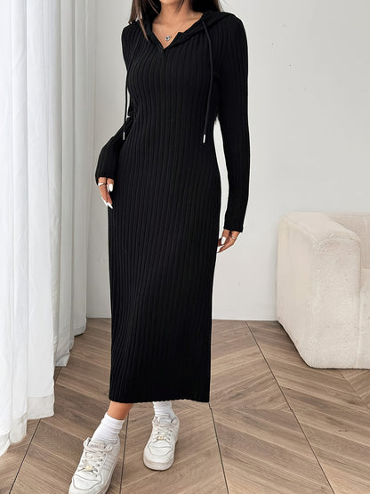 Geripptes Kapuzenkleid Schwarz Langarm Maxi Damen