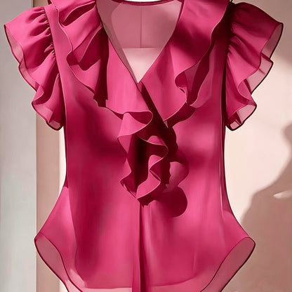 Damen Rüschenbluse mit V-Ausschnitt und Volantärmeln – Elegante Chiffonbluse für Büro und besondere Anlässe