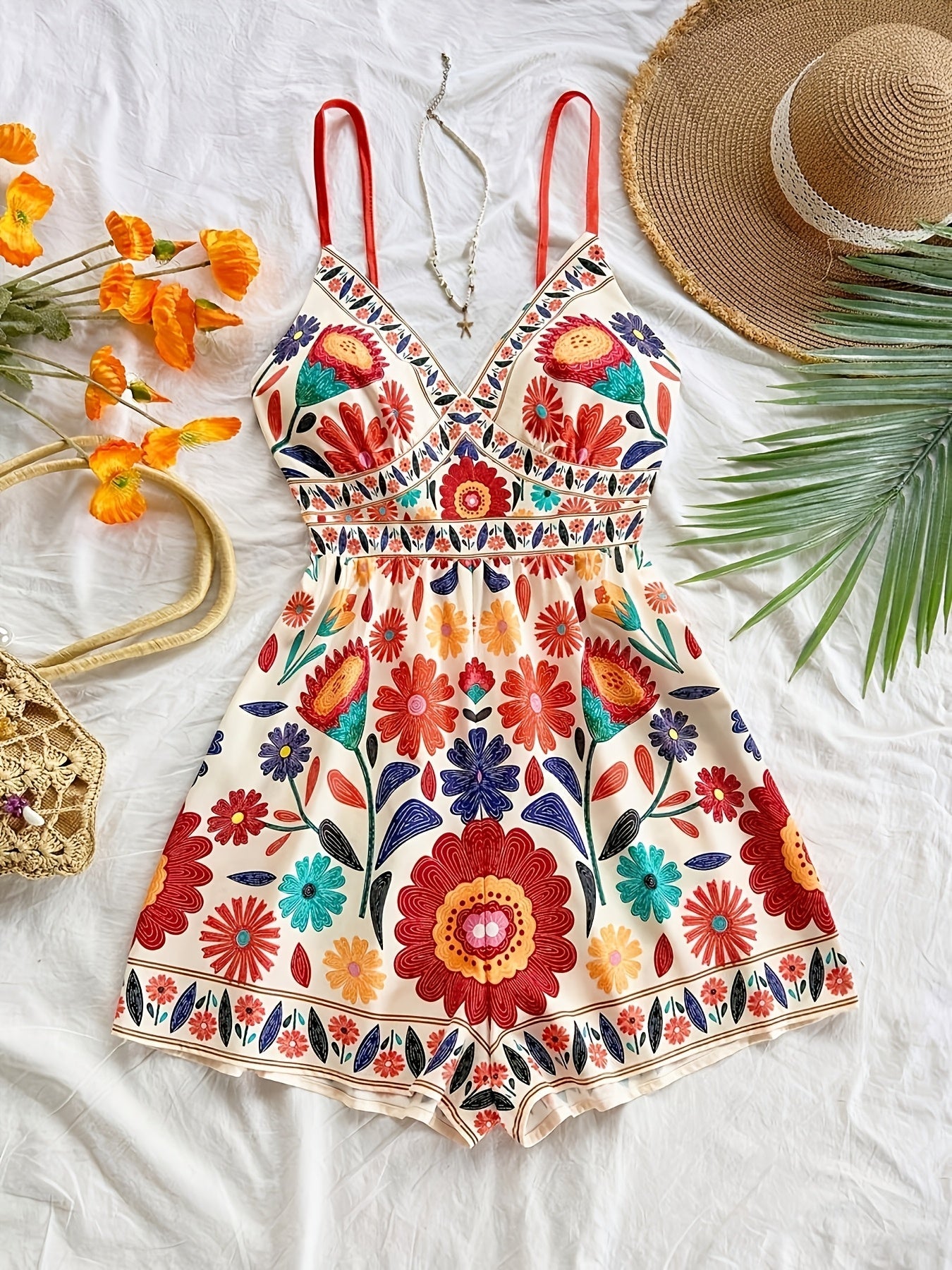 Damen Jumpsuit mit Blumendruck und Spaghettiträgern – Boho Style für Freizeit und Urlaub