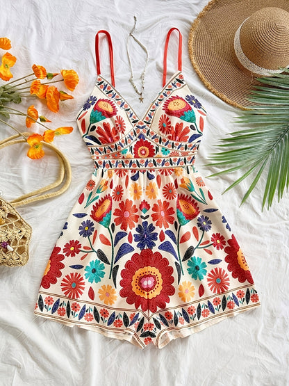 Damen Jumpsuit mit Blumendruck und Spaghettiträgern – Boho Style für Freizeit und Urlaub