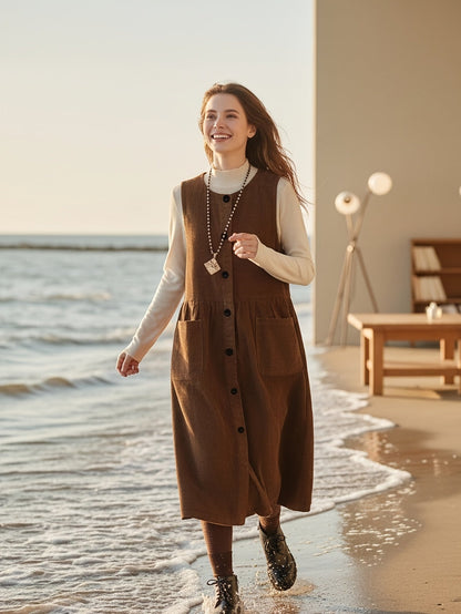 Damen Trägerkleid braun Midi A-Linie mit Knöpfen und Taschen