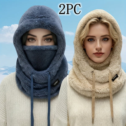 Fleece Kapuzen-Halstuch mit Gesichtsbedeckung und Kordelzug, Winter Schal Mütze Halswärmer Set