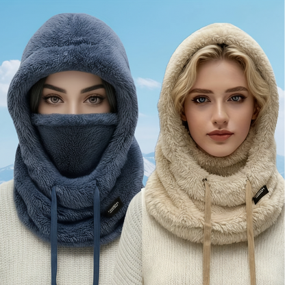 Fleece Kapuzen-Halstuch mit Gesichtsbedeckung und Kordelzug, Winter Schal Mütze Halswärmer Set