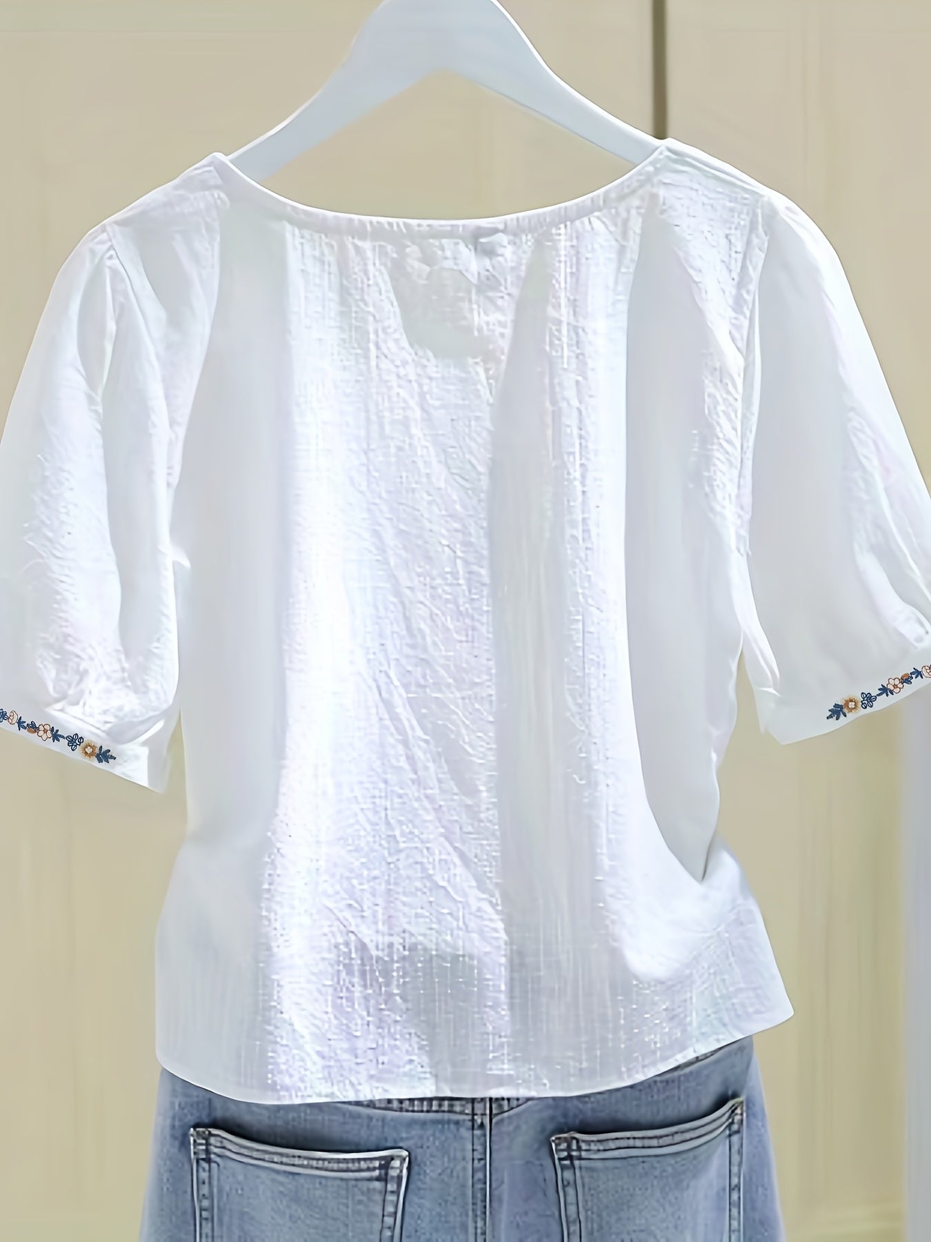 Damen Bluse elegant mit Stickerei und Quadratkragen – Sommer Freizeit Oberteil