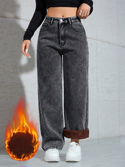 Damen Jeans Hose Loose Fit High Waist Schwarz mit Fleece-Futter