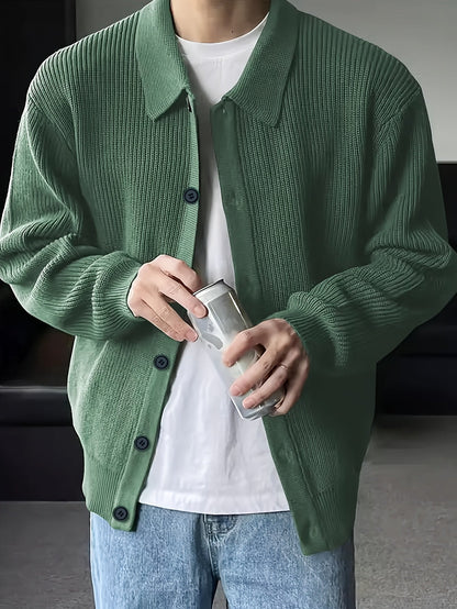 Gerippter Herren Cardigan mit Kragen und Knopfleiste, lässige Strickjacke für Männer