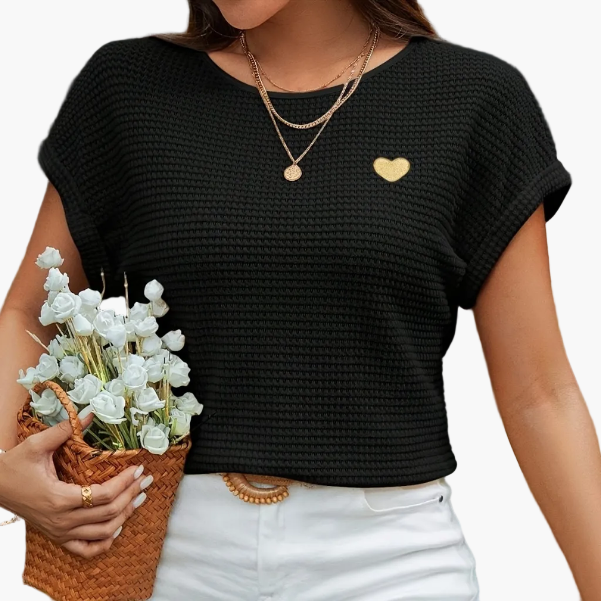 Damen Sommer-Strickshirt mit Herz-Detail – Eleganter Freizeit-Look, Ideal für Urlaub & Alltag