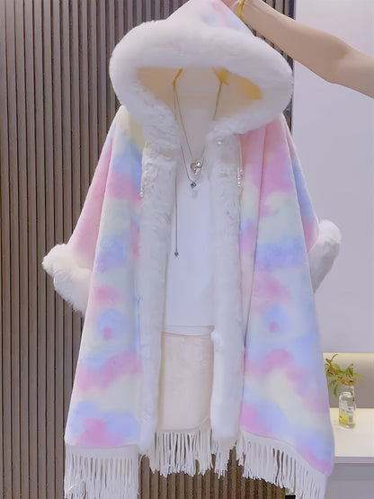 Damen Poncho mit Kapuze, Pelzbesatz & Fransen, Mehrfarbig, Einheitsgröße