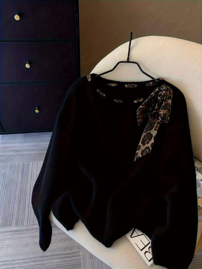 Damen Pullover Rundhals mit Leopardenmuster-Schleife