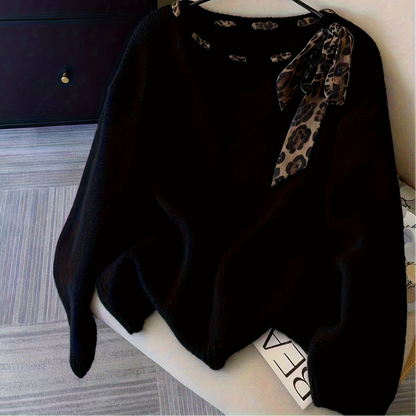 Damen Pullover Rundhals mit Leopardenmuster-Schleife