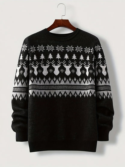 Unisex Winterpullover Rundhals mit Jacquard Rentier- & Schneeflockenmuster