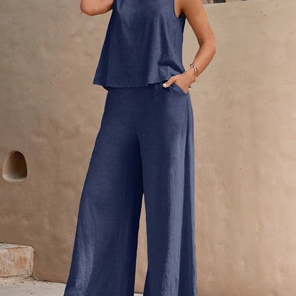 Damen Sommer Zweiteiler Set – Weites Bein & Ärmelloses Top, Lässiger Freizeit-Look