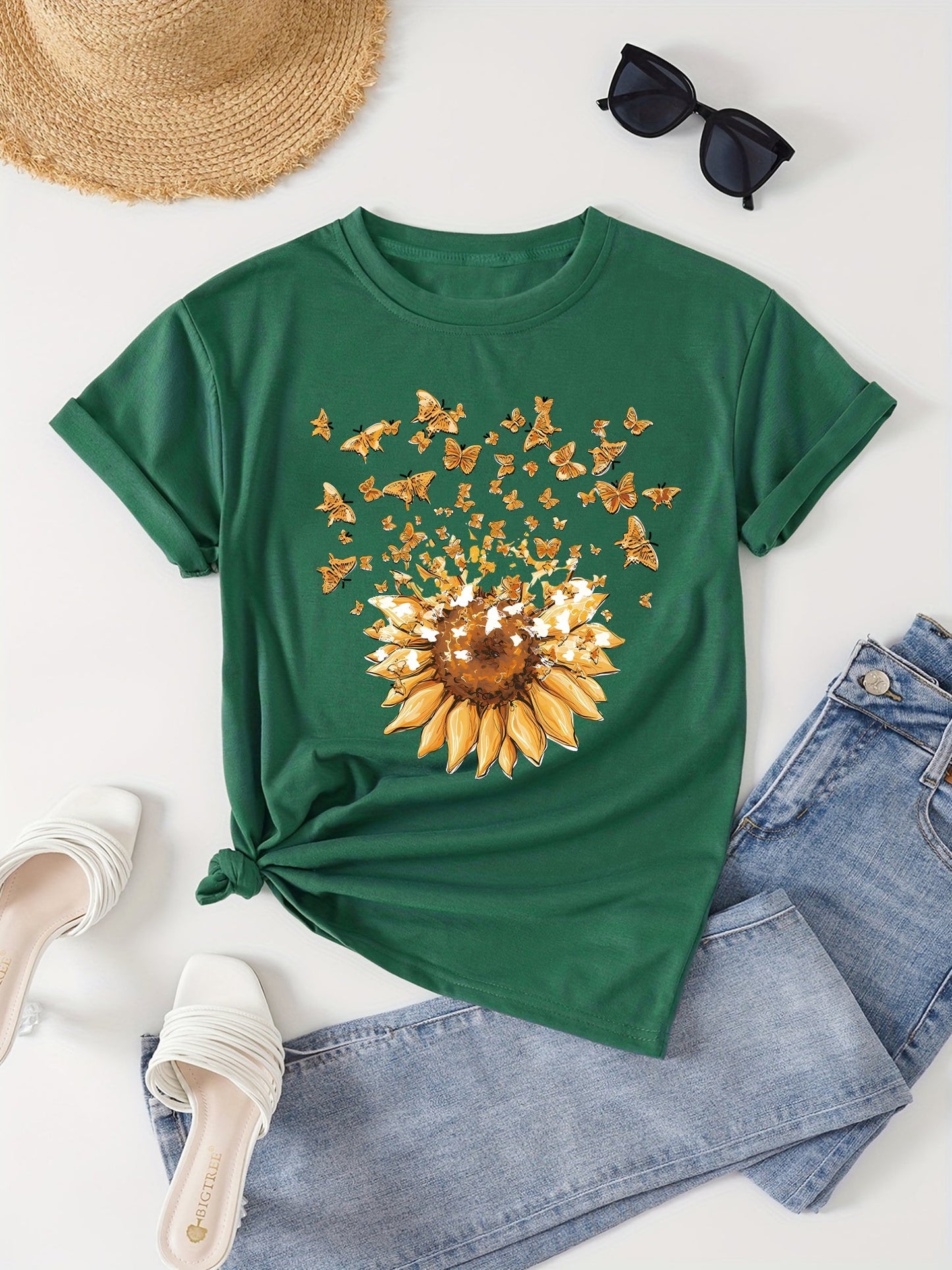 Damen T-Shirt mit Sonnenblume und Schmetterlingen – Casual Sommer Oberteil, Modisches Print-Shirt
