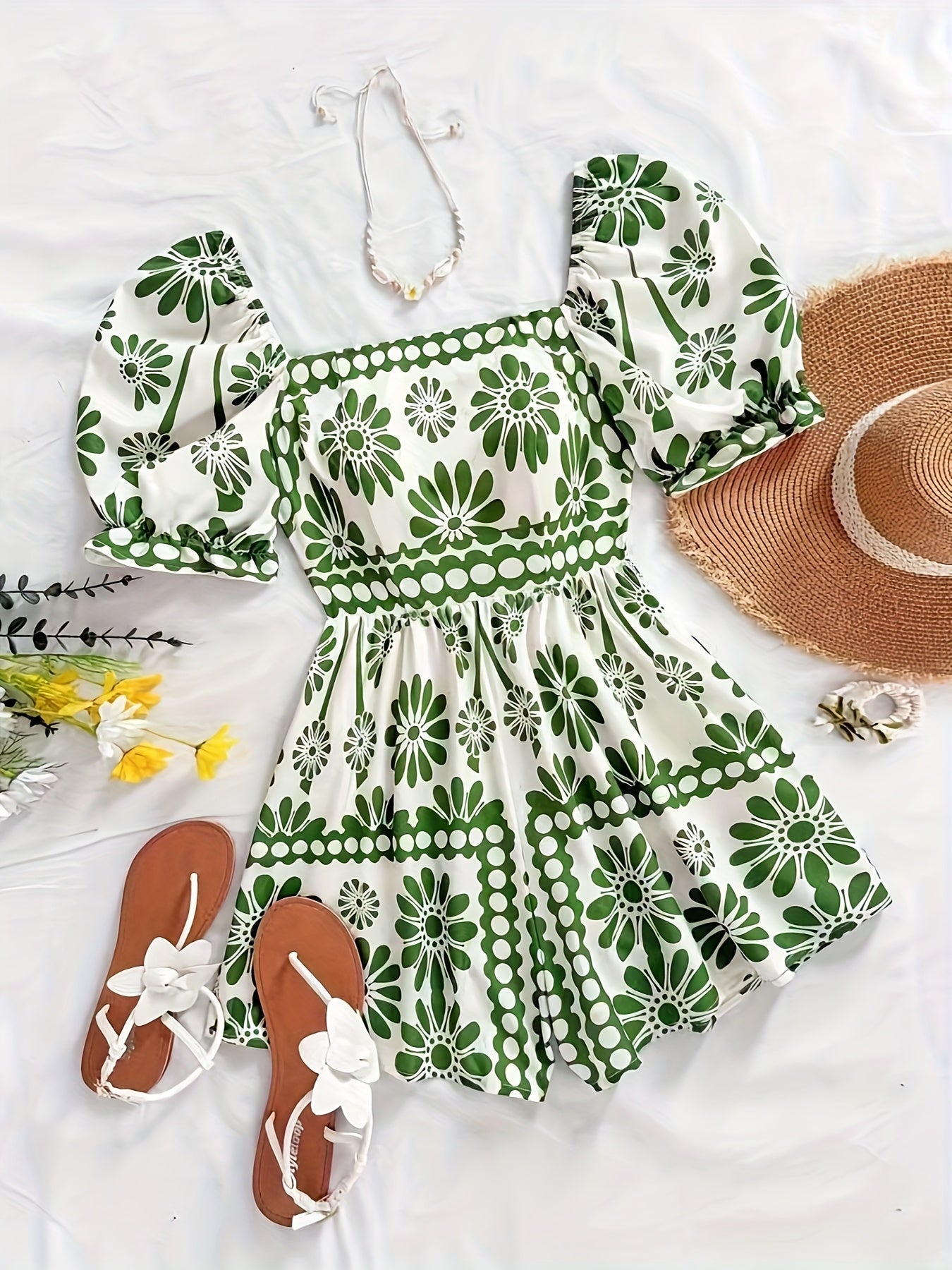 Damen Vintage-Jumpsuit mit Puffärmeln und Blumenmuster – Eleganter Einteiler für Sommer und Freizeit