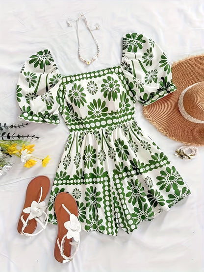 Damen Vintage-Jumpsuit mit Puffärmeln und Blumenmuster – Eleganter Einteiler für Sommer und Freizeit
