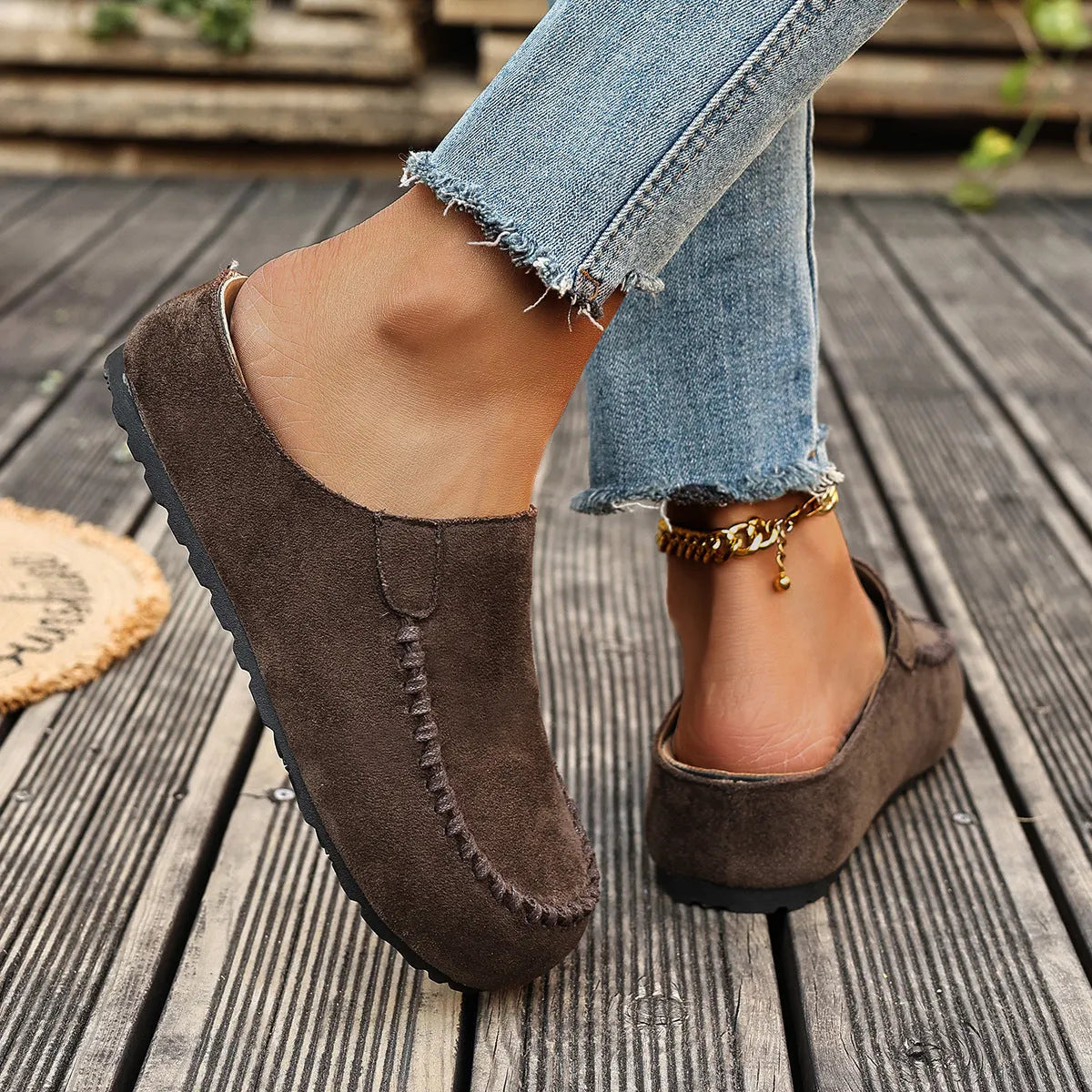 Damen Slipper Mules mit Ziernaht Komfortschuhe Braun