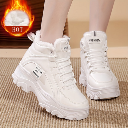 Damen Plateau Sneaker Stiefel Winter Weiß Beige Gefüttert Hoch Profilsohle