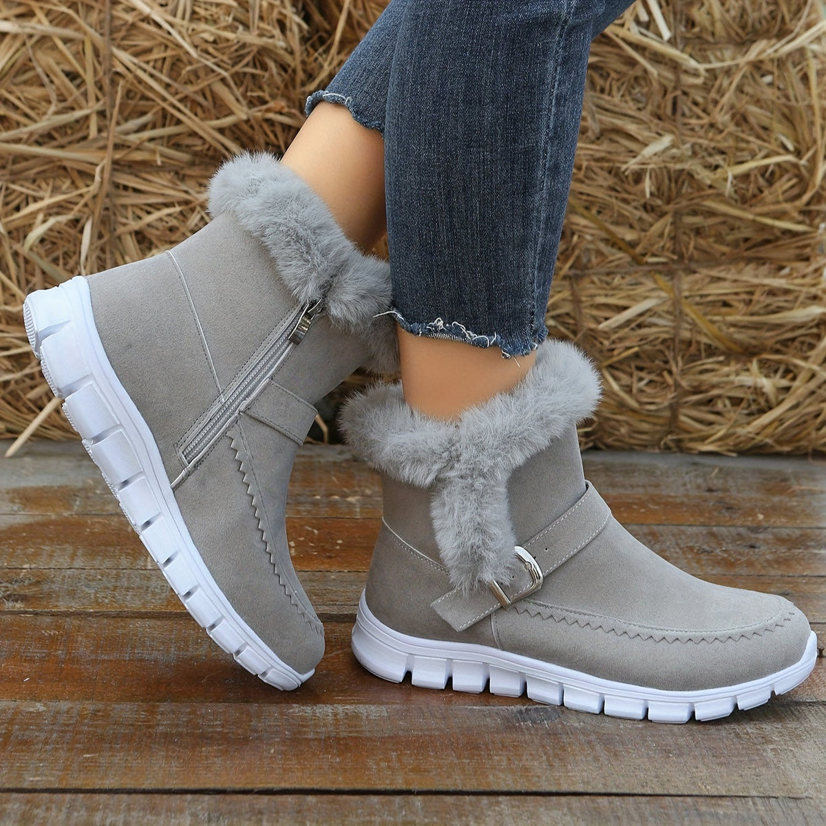 Damen Winterstiefeletten mit Futter, Schnalle und Kunstpelzbesatz