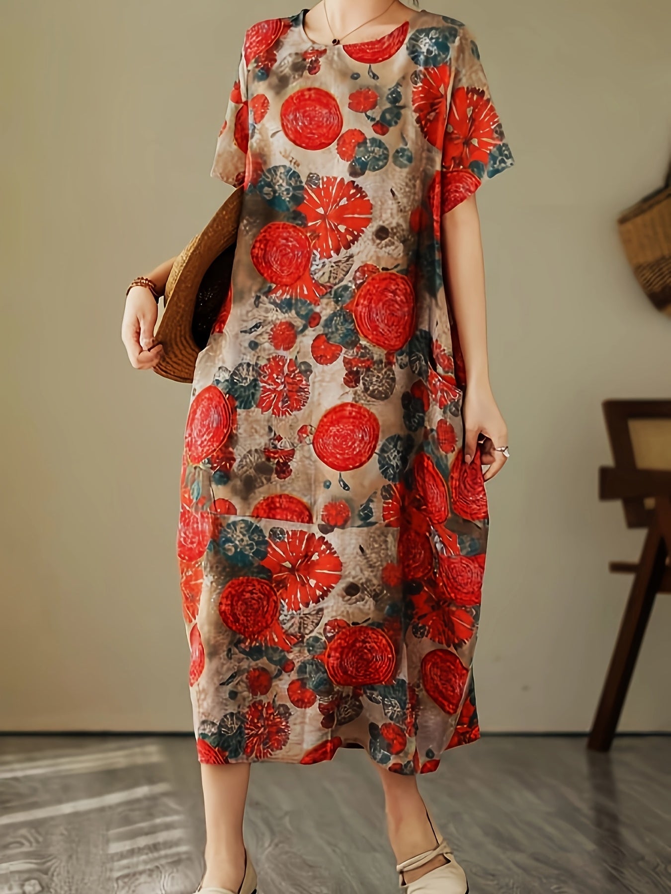 Damen Freizeitkleid mit geometrischem und botanischem Muster, lockerer Oversize-Stil, ideal für Alltag und Freizeit