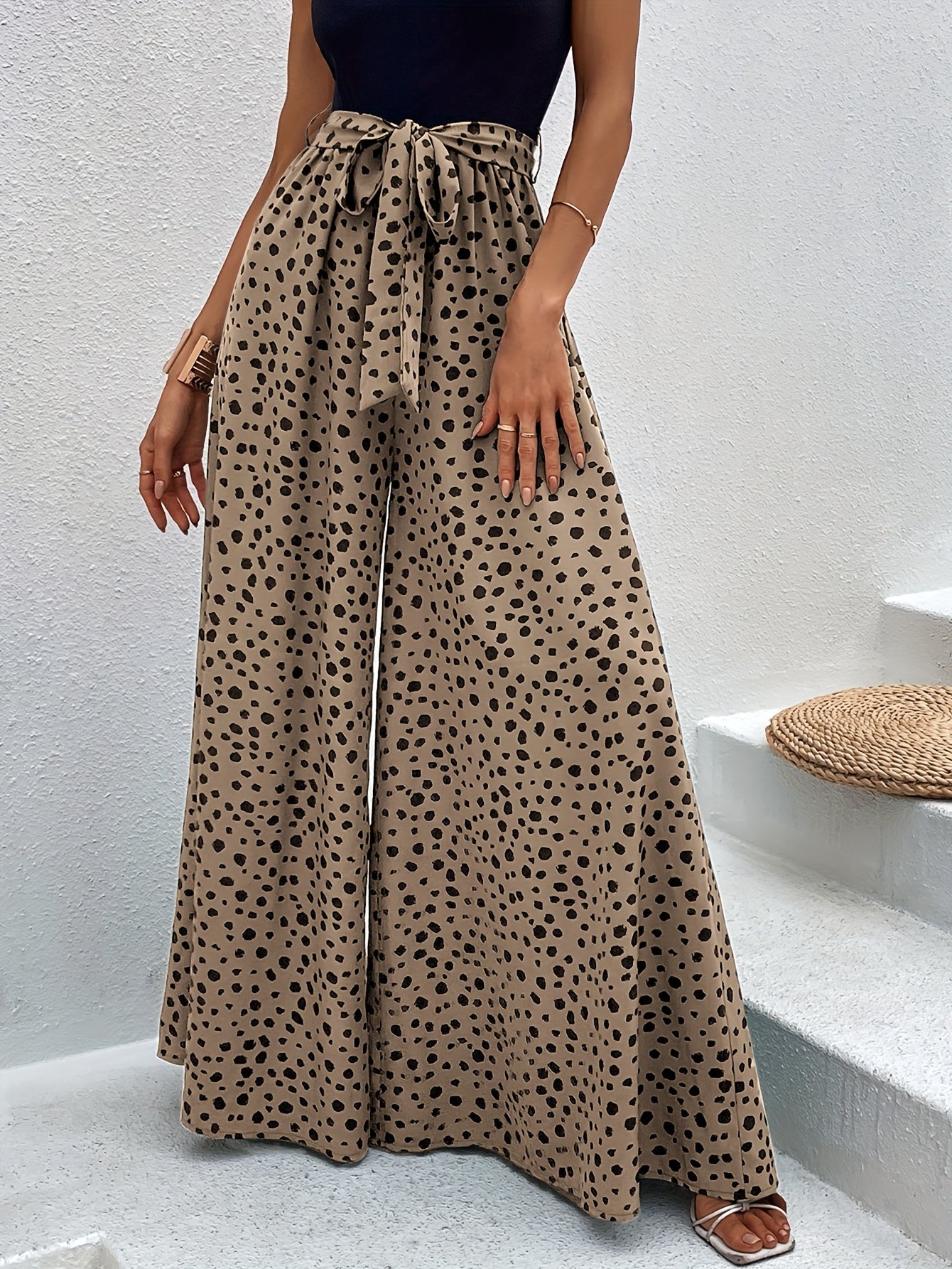 Damen Elegante Weitbeinige Palazzo-Hose mit Gürtel und Punktemuster – Perfekt für Freizeit und Sommer