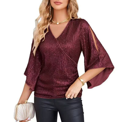 Alice – Pailletten T-Shirt für Damen, Kurzarm, mittellang