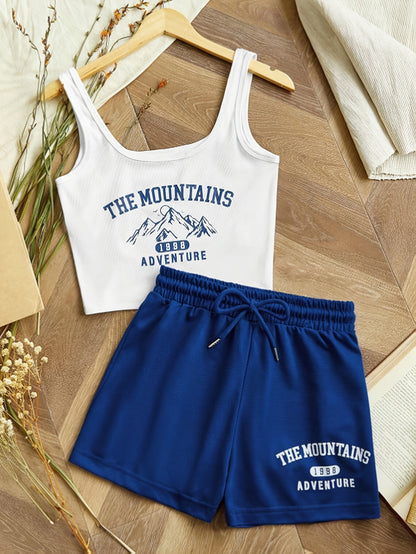 Damen Sport-Set Freizeit Top und Shorts mit Print – The Mountains Adventure, Sommer Loungewear