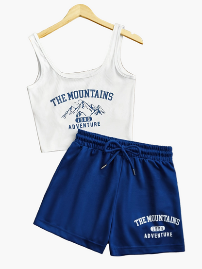 Damen Sport-Set Freizeit Top und Shorts mit Print – The Mountains Adventure, Sommer Loungewear