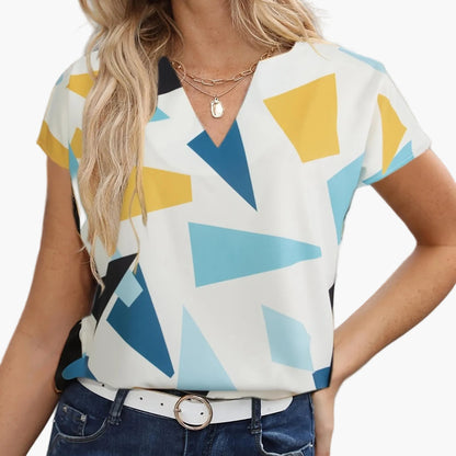 Damen Vintage Bluse mit geometrischem Muster, V-Ausschnitt, ideal für Büro und Freizeit