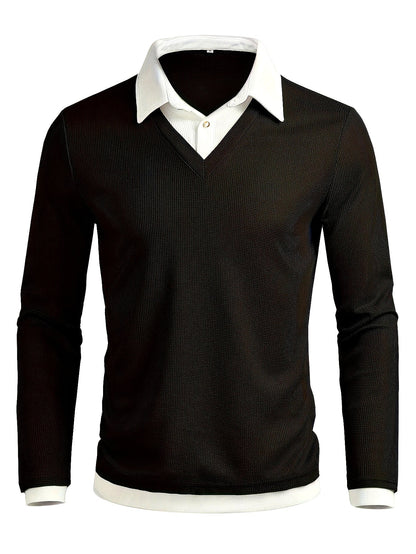 Herren Langarmshirt mit V-Ausschnitt, Schwarz, Lagenlook