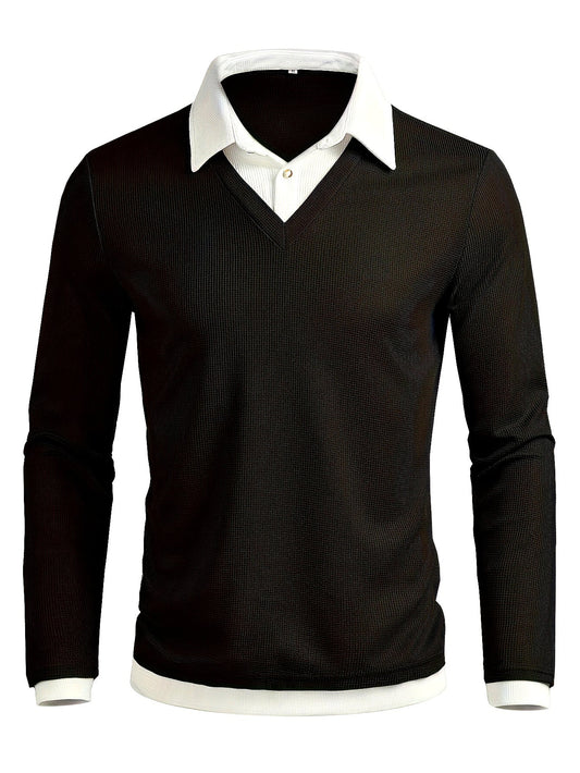 Herren Langarmshirt mit V-Ausschnitt, Schwarz, Lagenlook