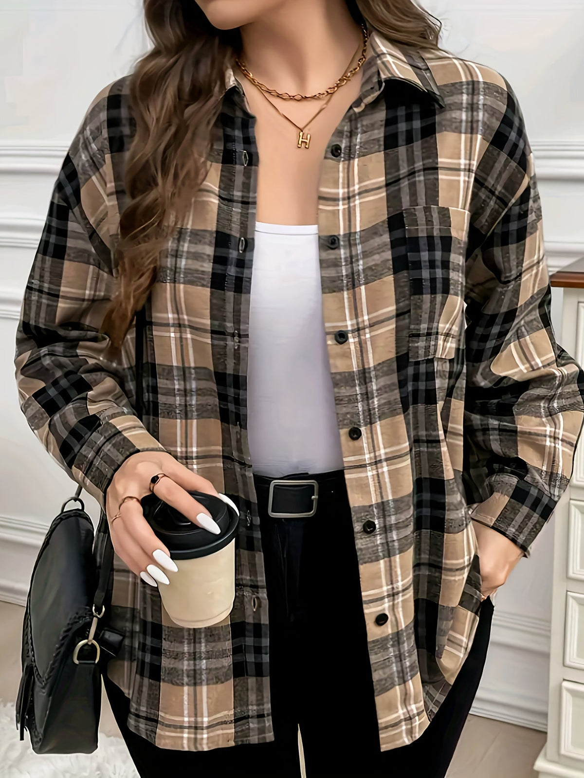 Damen Kariertes Hemd Langarm Button-Down Bluse mit Brusttasche