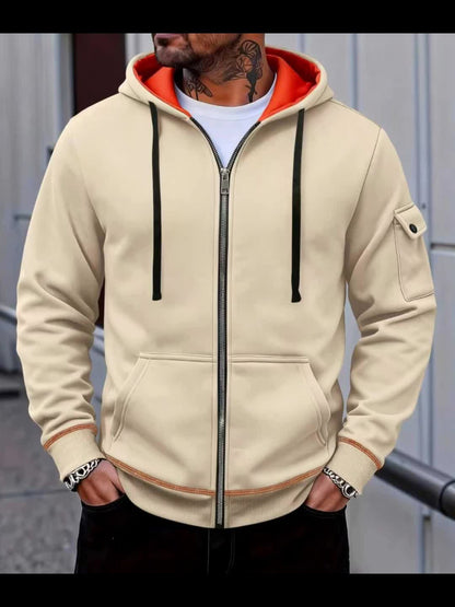 Herren Kapuzenjacke mit Reißverschluss und Kontrastfutter, Ärmeltasche