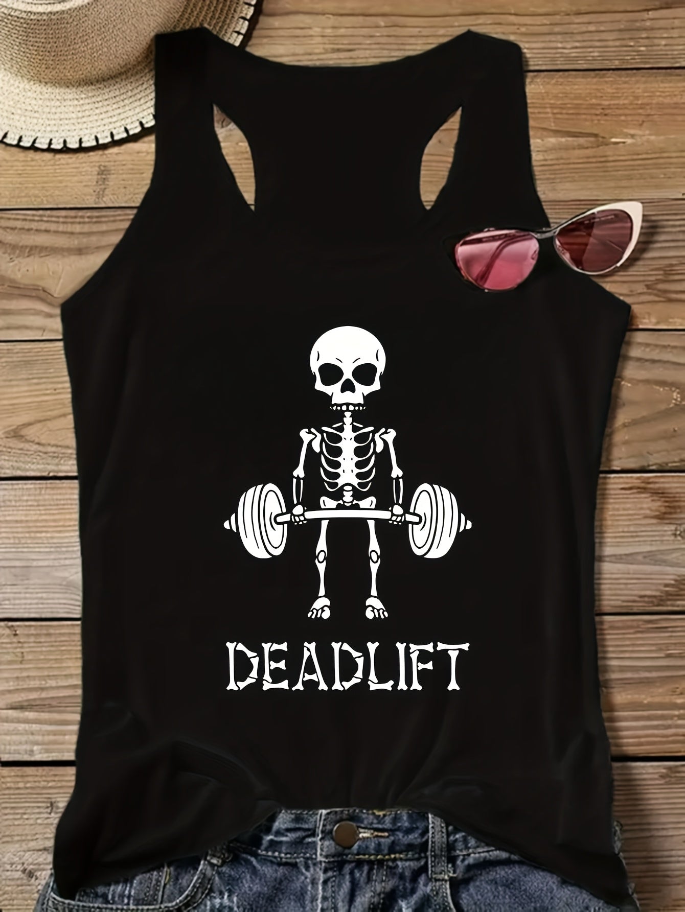 Damen Tanktop mit Skelett Deadlift Motiv – Fitness Fun Sportshirt