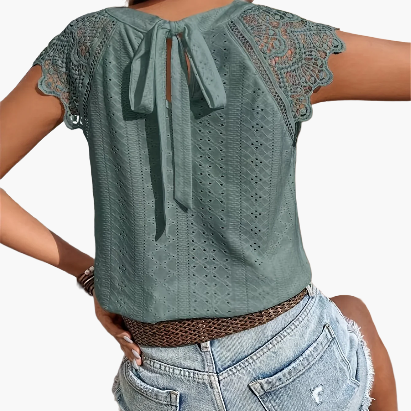 Damen Häkel-Spitzenbluse mit Rückenschleife – Sommerlich, Boho, Casual