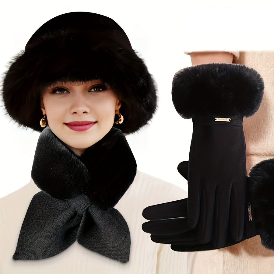 Winter Set Pelzimitat 3-teilig: Hut, Schal & Handschuhe mit Kunstfellbesatz, Warme Winteraccessoires