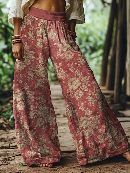 Damen Weite Freizeithose mit Blumenmuster – Lässiger Boho Stil für Alltag und Urlaub