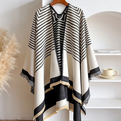 Damen Poncho Cape mit Streifenmuster – Eleganter Überwurf im klassischen Stil für vielseitige Outfits