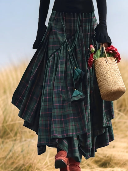 Damen Maxirock Plaid Asymmetrischer Stufenrock mit Kordelzug und Quasten